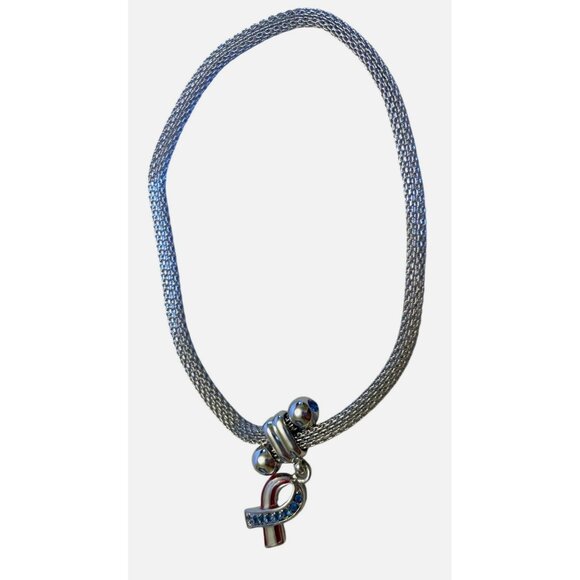 Silver Mesh Bracelet With Blue & Red Rhinestone Ribbon Pendant - Picture 1 of 10